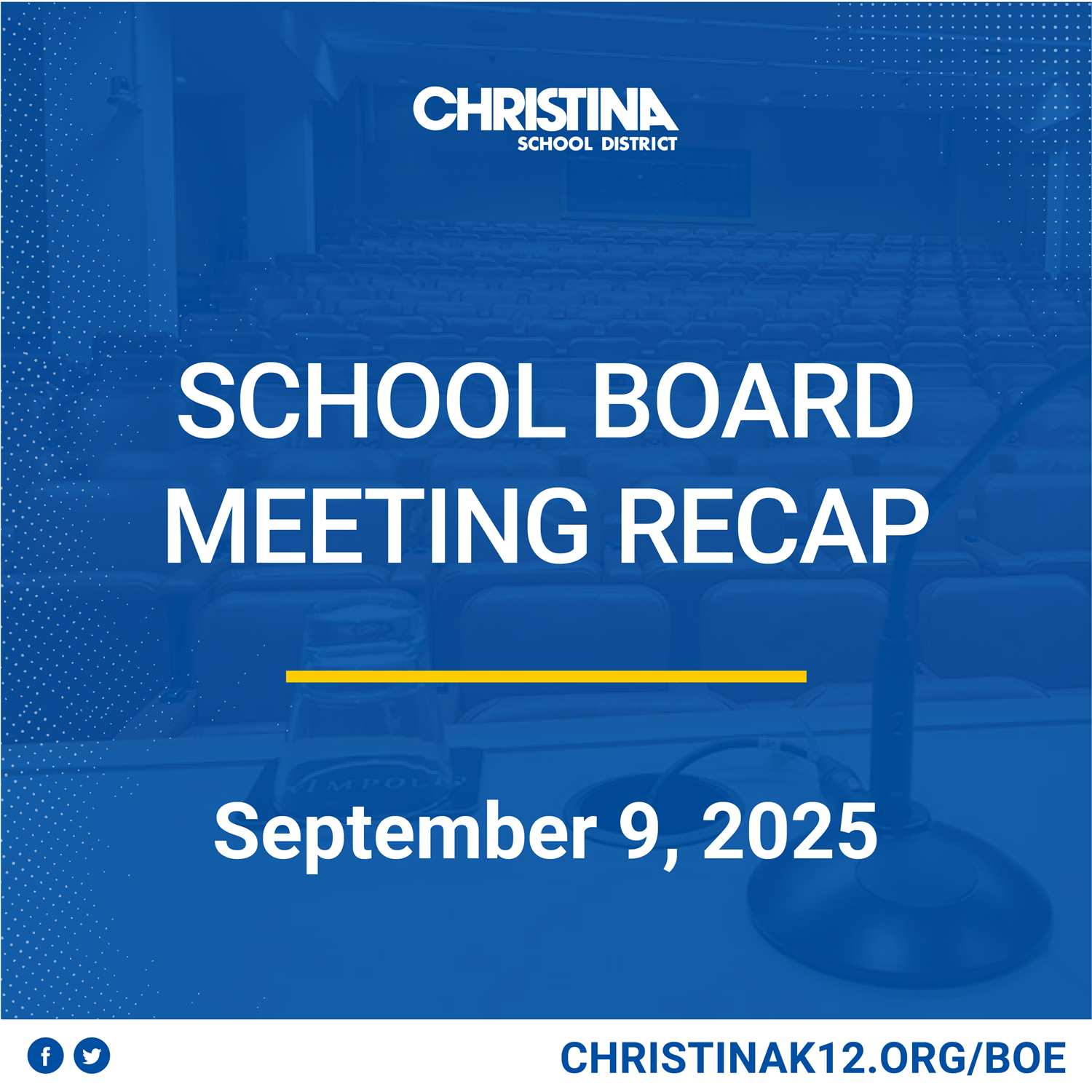 Christina BOE Meeting Recap - Blue graphic with white text